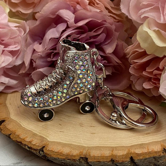 Silver Iridescent Crystal Roller Skate Keychain Charm - Picture 7 of 15